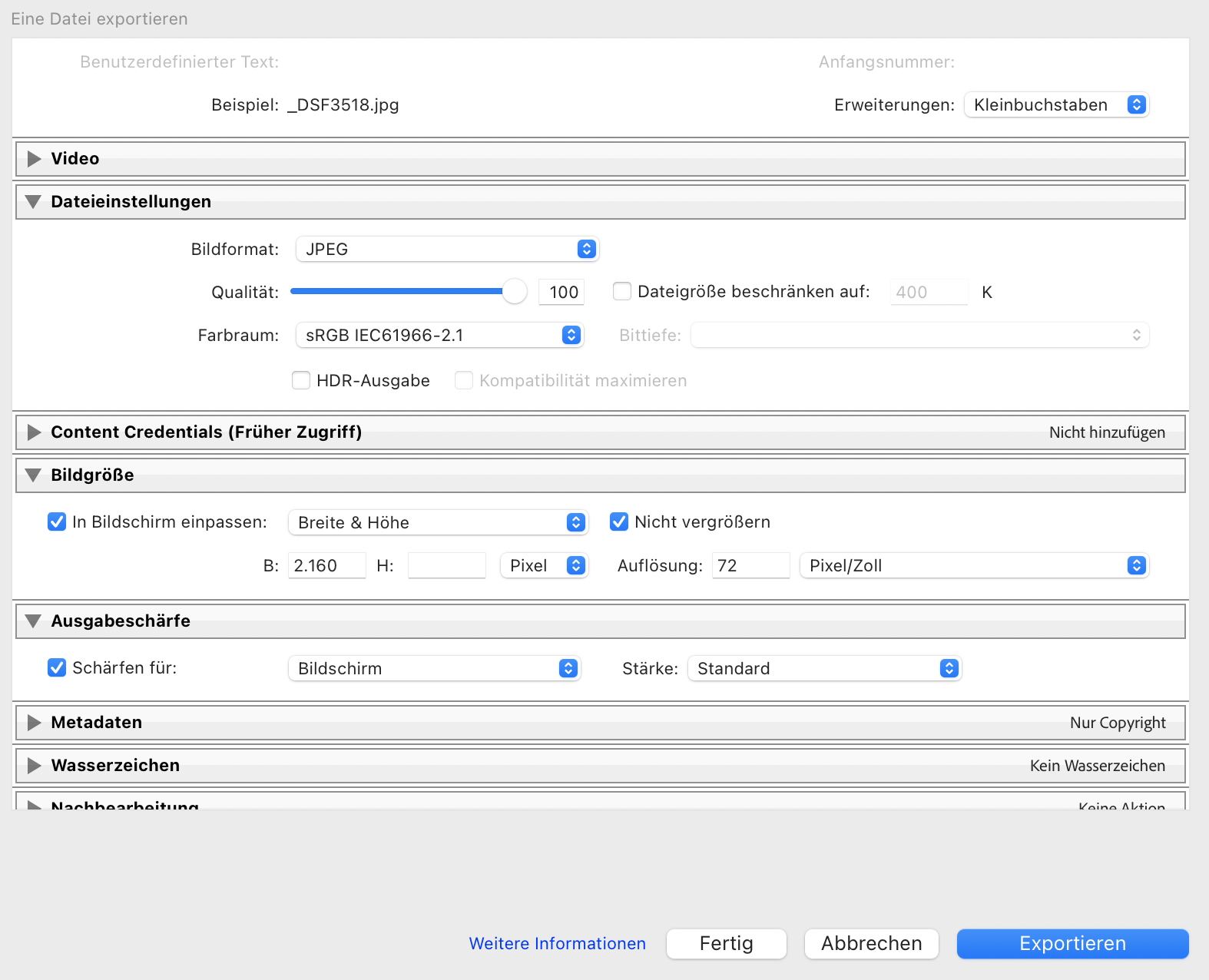 Export-Einstellungen in Lightroom Classic für Instagram
